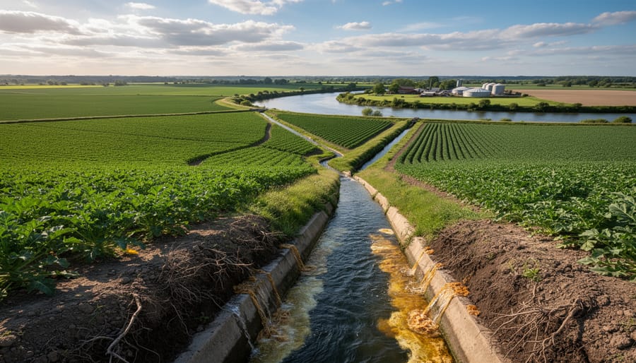 Irrigation sprinklers spraying water across a green pasture with a blurred drainage ditch and shelterbelt trees in the background.