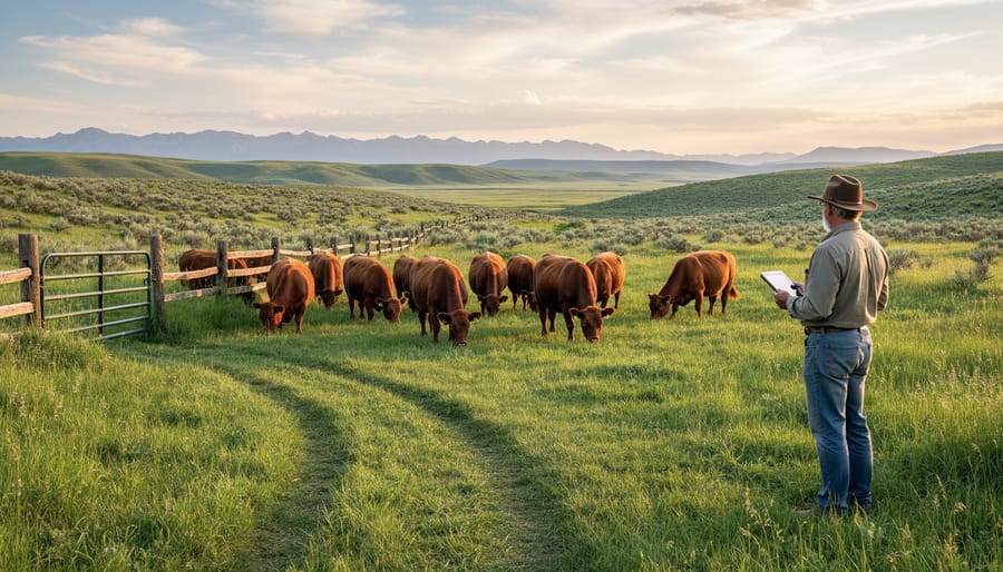 Rancher standing near a wire fence while cattle graze in a healthy pasture