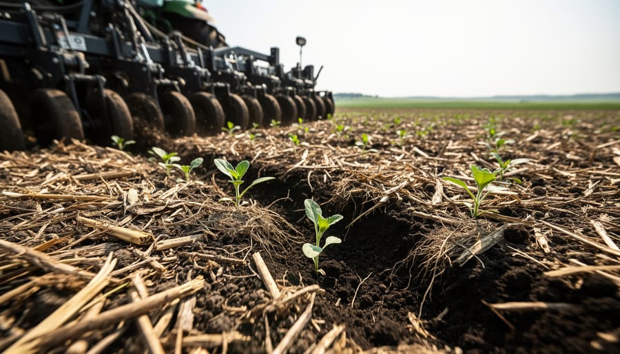 Tractor seeding with a no-till drill into residue-covered soil with furrow open