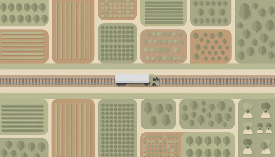 Low-angle view of a rural road or rail corridor crossing open farmland at golden hour, conveying transport risk near agricultural land.