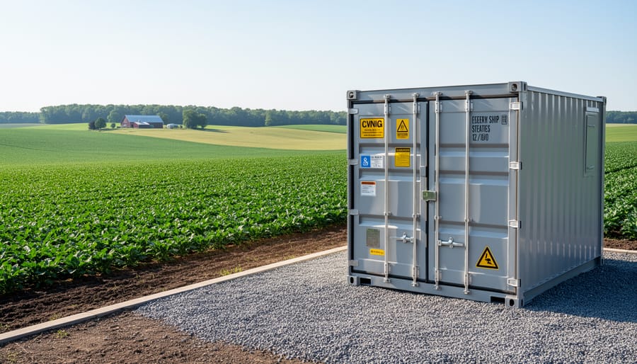 Sealed industrial waste container placed near an agricultural field at dusk