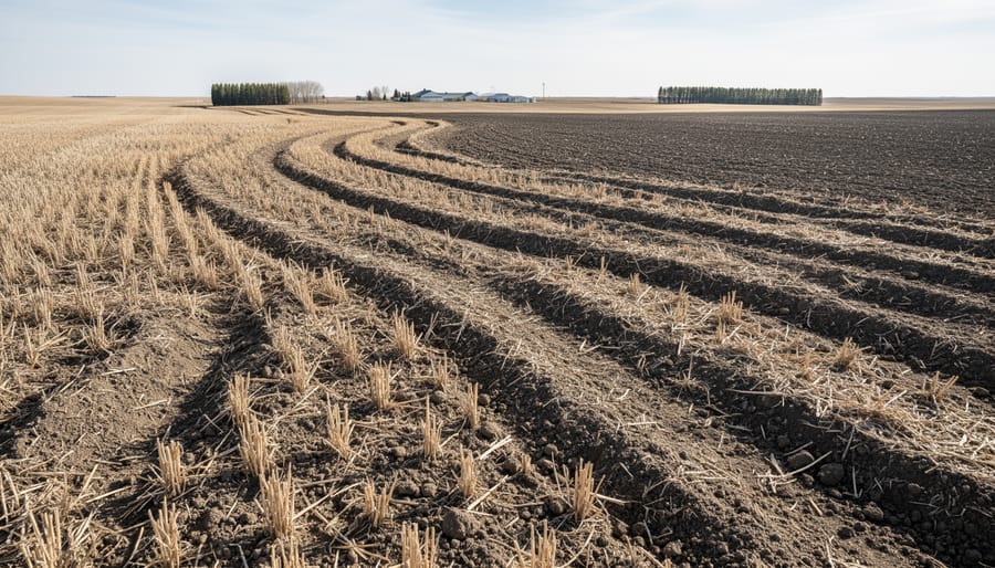 Farmer and exposed stubble field with visible wind-blown dust showing wind erosion