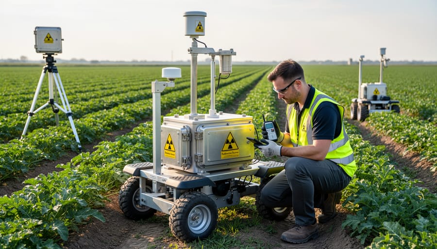 Soil density gauge and moisture meter on farm equipment near turned soil