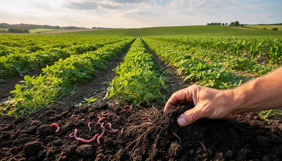 No-till field with cover crops showing healthy ground cover and diverse green growth