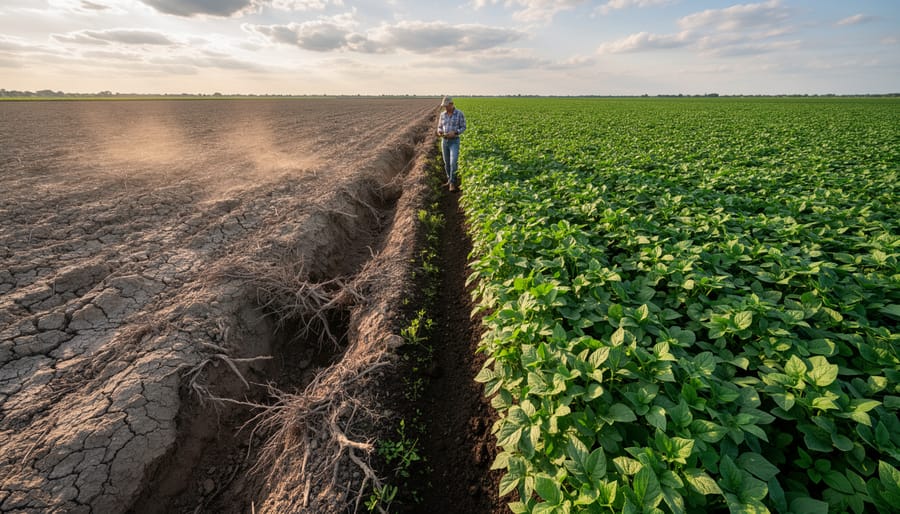 Wind-eroded soil in front of healthier crop rows on an Alberta prairie farm
