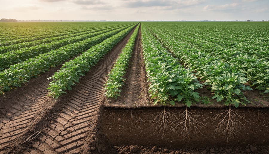 Tractor driving along permanent wheel lanes between crop rows for controlled traffic farming