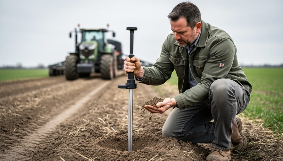 Farmer using a penetrometer to test soil firmness beside a crop row