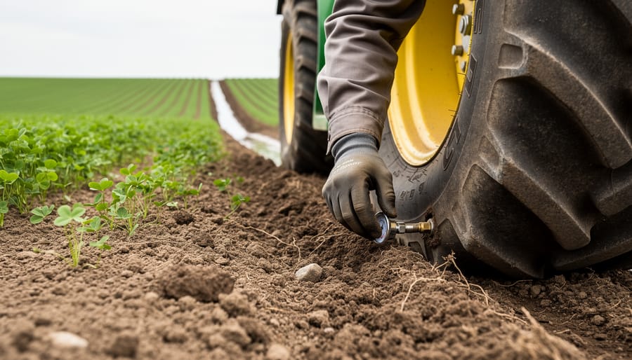 Farmer checking tire pressure beside a tractor wheel resting on healthy farm soil with cover crops growing in the background.