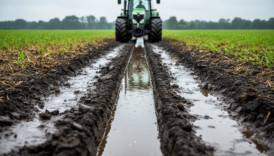 Tractor and implement in wet spring soil with visible wheel ruts near a field headland